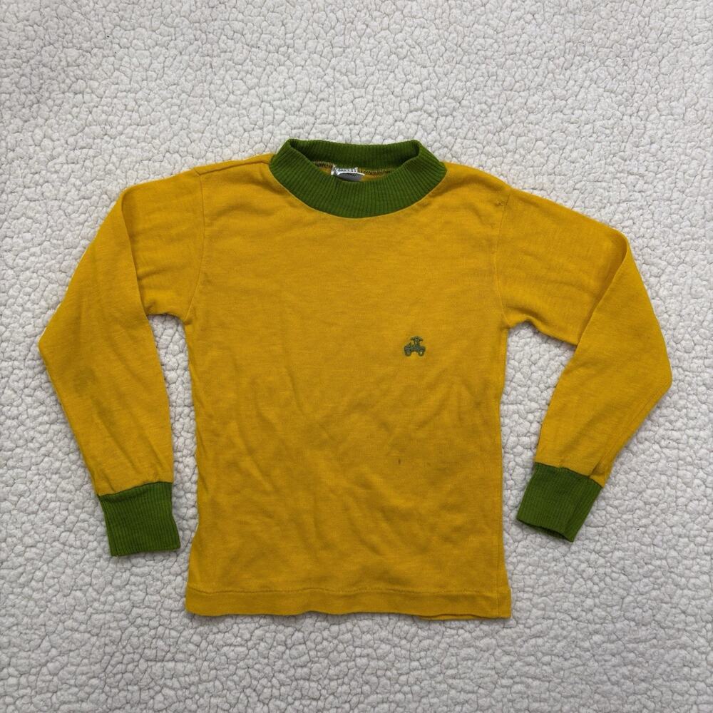 Vtg 70s John Deere Tractor‎ Boys Sweater Size 6 Yellow Green Mock Neck Pullover